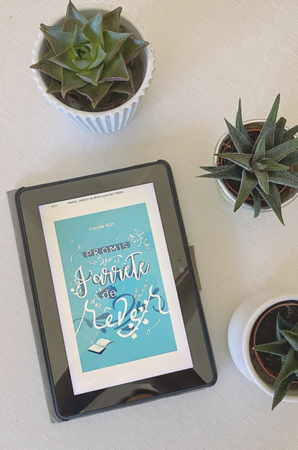 Tablette affichant la couverture du roman Promis j’arrête de rêver de Camille Roy, entourée de petites plantes grasses sur une table claire.