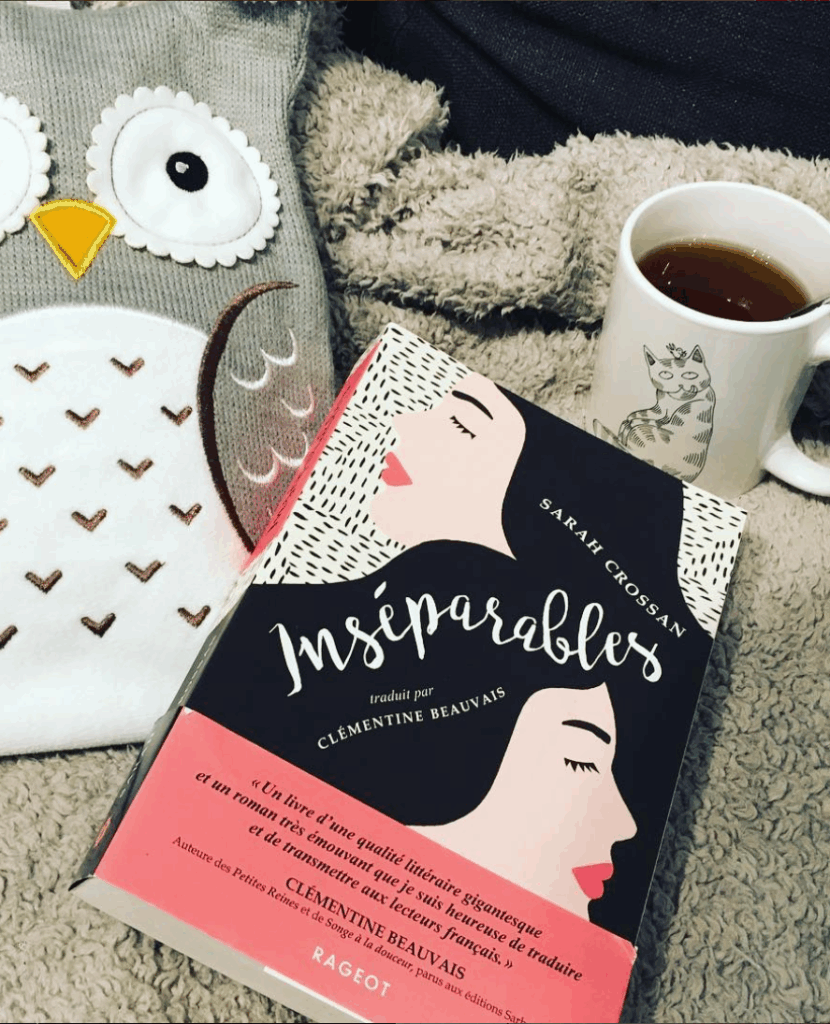 Photo d’ambiance cosy avec le roman Inséparables de Sarah Crossan posé sur une couverture douce, accompagné d’un mug de thé et d’un coussin hibou.