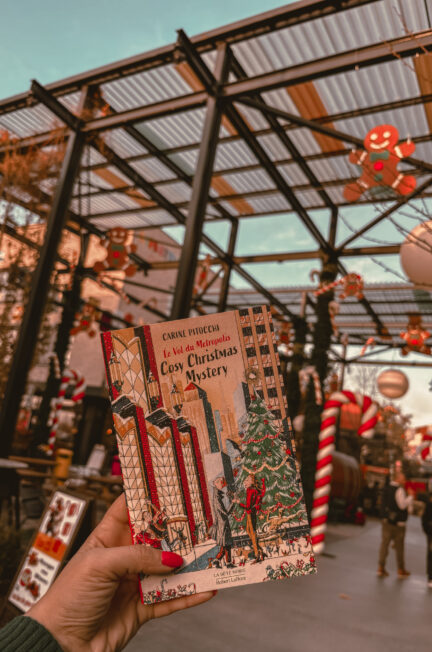 Une main tient le roman Le vol du Metropolis devant une allée décorée pour Noël. Des cannes d’orchidée rouges et blanches, des guirlandes et des silhouettes en pain d’épices sont suspendues. Une structure métallique avec toit transparent apparaît en arrière-plan. La photo a été prise à Shopping Promenade Mundolsheim.