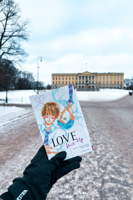 Love Mix-Up, tome 2 tenu dans une main gantée devant le palais royal d’Oslo sous la neige, dans une ambiance hivernale.