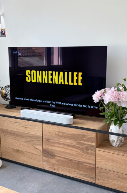 Télévision affichant le titre du film Sonnenallee dans un salon lumineux, avec meuble en bois, bouquet de pivoines roses et sous-titres visibles à l’écran.