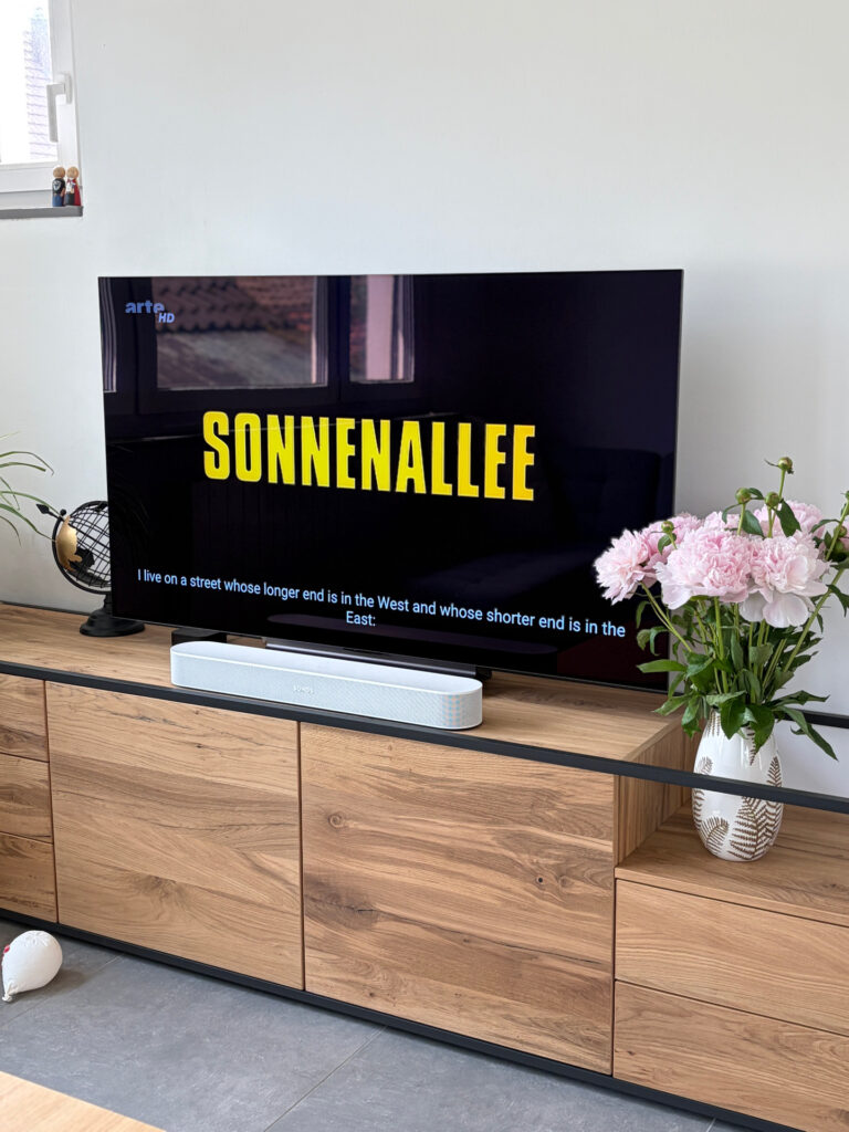 Télévision affichant le titre du film Sonnenallee dans un salon lumineux, avec meuble en bois, bouquet de pivoines roses et sous-titres visibles à l’écran.