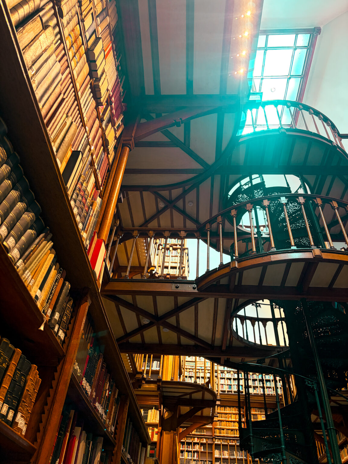 Bibliothèque vue vers la verrière : Bibliothèque jésuite de Maria Laach vue vers la verrière avec ses passerelles en bois et ses collections anciennes.
