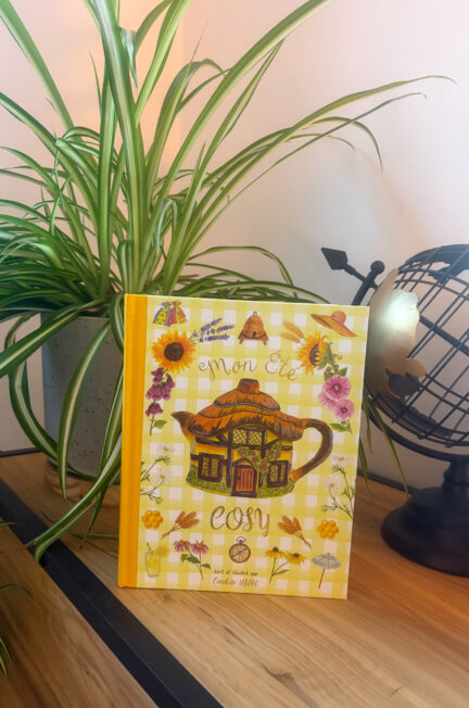 Le livre mon été cosy de Caro From woodland posé sur un meuble en bois devant une plante verte et un globe en metal
