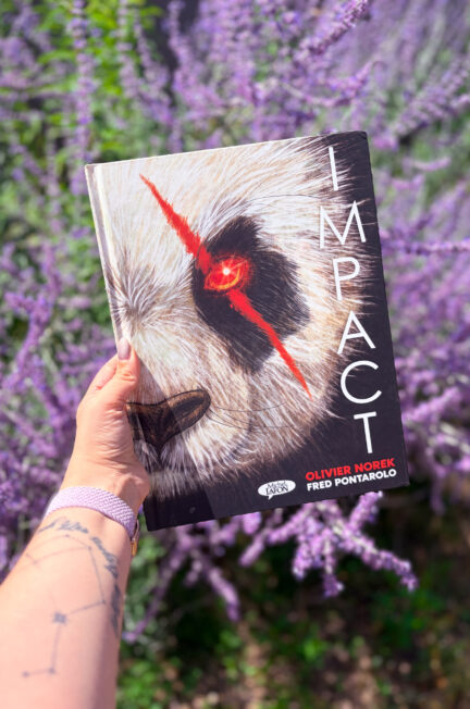 La bande dessinée Impact d'Olivier Norek et Fred Pontarolo photographiée devant un massif de fleurs violettes dans le jardin.