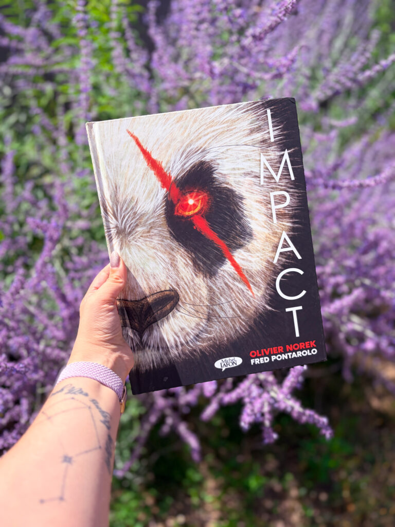 La bande dessinée Impact d'Olivier Norek et Fred Pontarolo photographiée devant un massif de fleurs violettes dans le jardin.