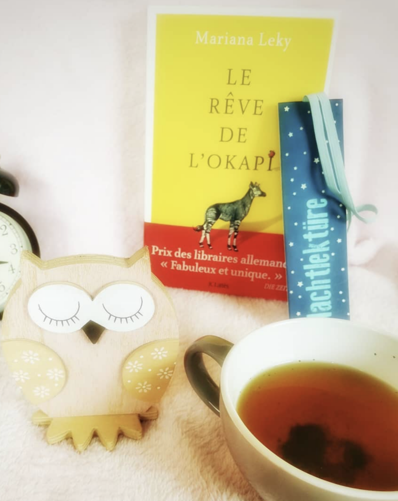 Le roman Le rêve de l'Okapi de Mariana Leky accompagné d'une tasse de thé, d'un marque-page sur lequel est écrit en allemand "Nchtlektüre", et d'une chouette en bois.