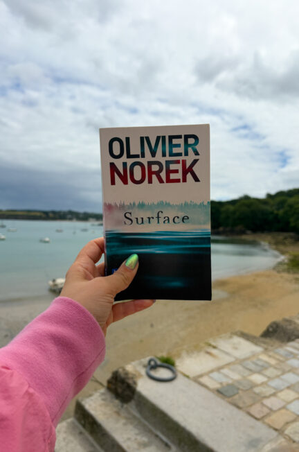 Le roman Surface d’Olivier Norek tenu à la main devant le port de Douarnenez, en Bretagne, avec la baie et les bateaux en arrière-plan.