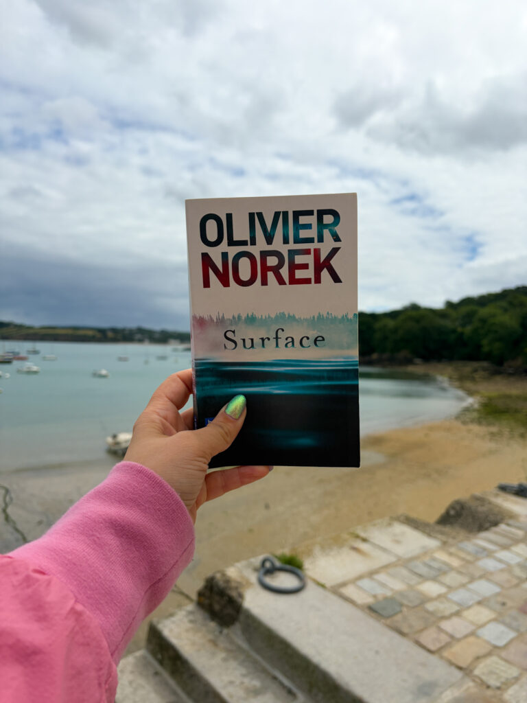 Le roman Surface d’Olivier Norek tenu à la main devant le port de Douarnenez, en Bretagne, avec la baie et les bateaux en arrière-plan.