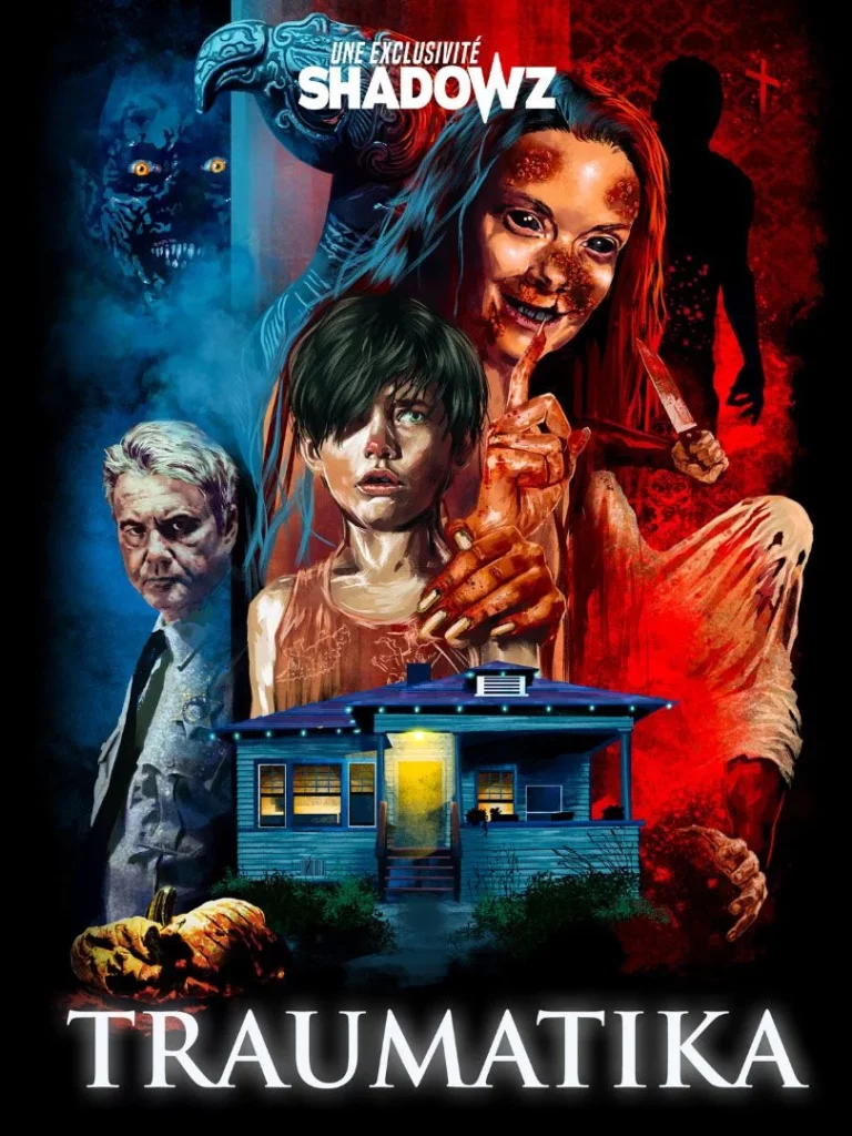 Affiche du film Traumatika montrant plusieurs personnages horrifiques autour d’une maison, dans des tons rouges et bleus.